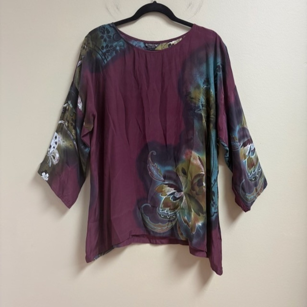 Citron Santa Monica Silk Top Size L Whimsigoth Artsy Boho Hippie Butterfly Flowy
